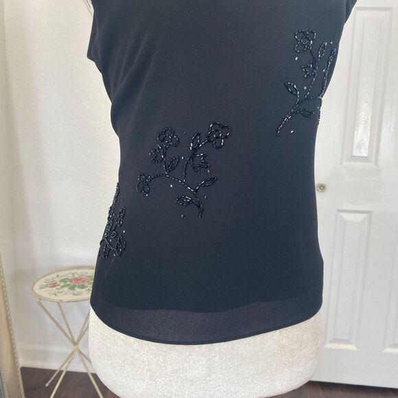 Early 2000's Whimsygoth Black Sheer Mesh Beaded Floral Embroidered Tank Top M - Picture 3 of 5